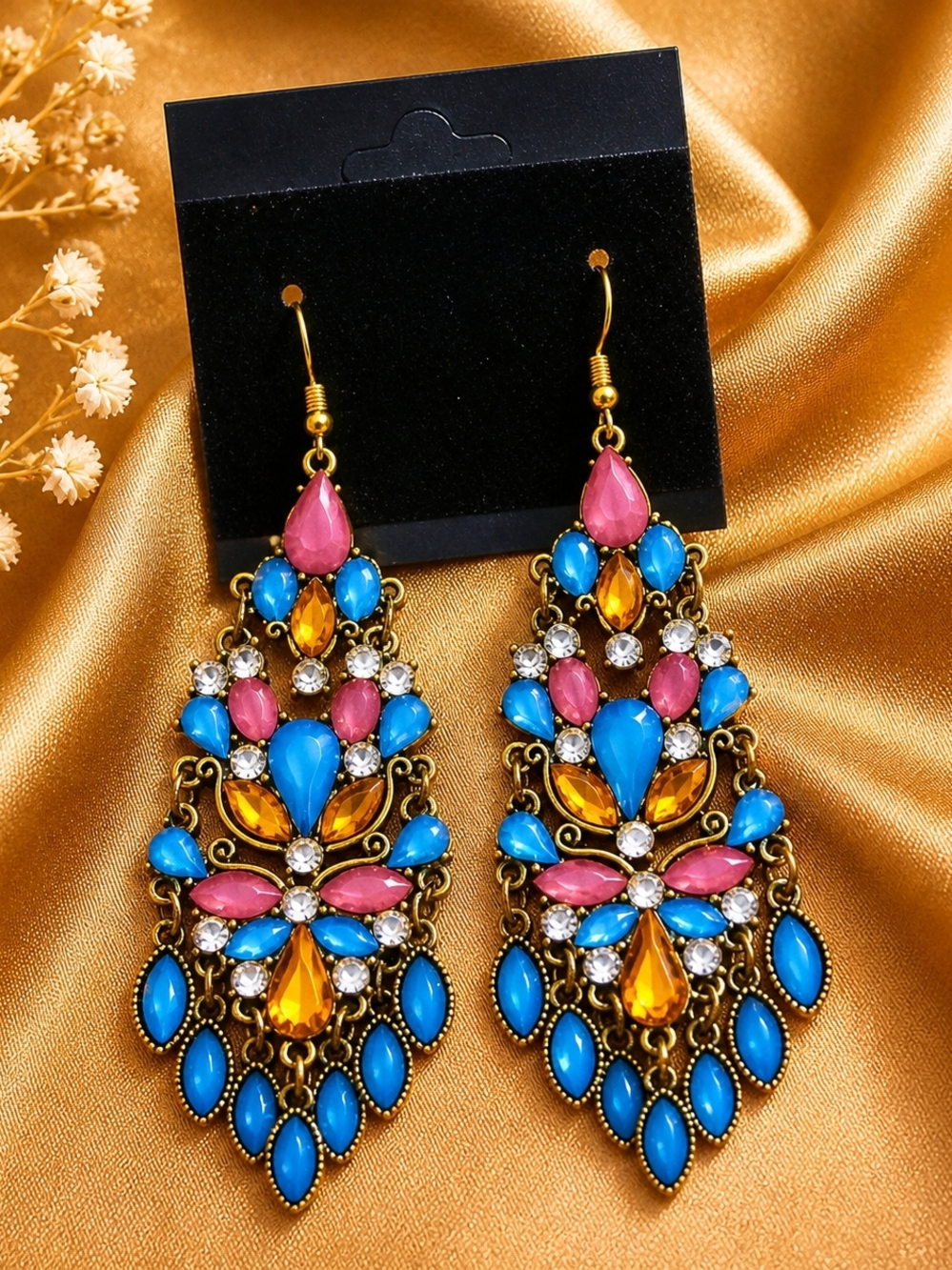 Vintage Boho Statement Earrings Colorful Rhinestone Drop Gold Tone Festival Chic